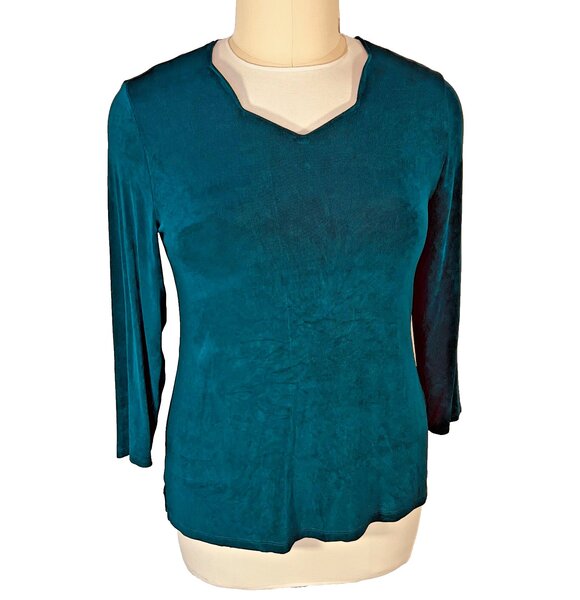 Chico's Travelers Blouse Womens L Teal Blue Green V-Neck 3/4 Sleeve - Picture 2 of 16